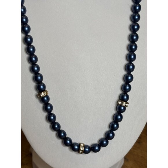Vintage Blue Faux Pearl Necklace With Rhinestone Accents & Adjustable Hook Clasp - Picture 9 of 10